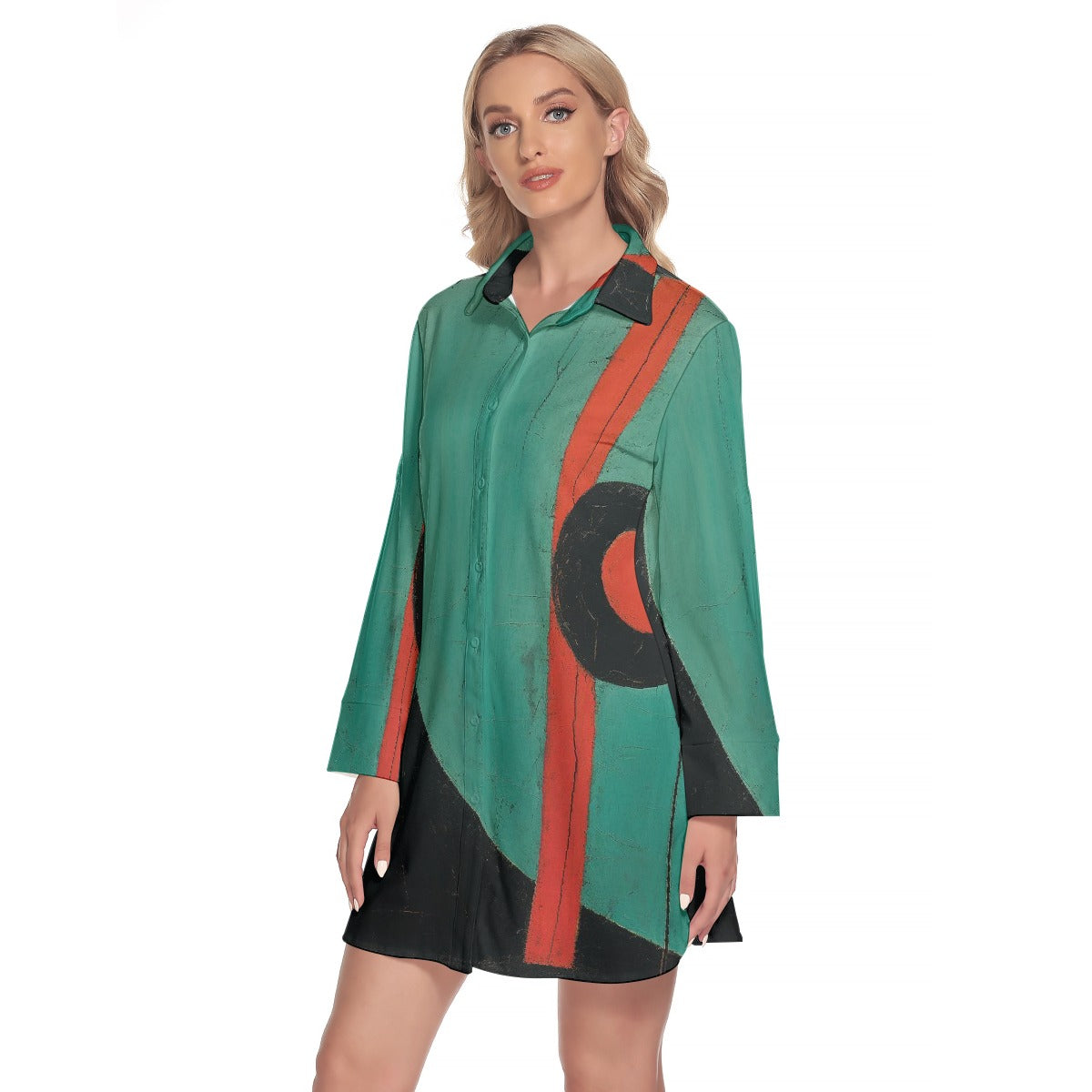 All-Over Print Women's Lapel Shirt Dress With Long Sleeve