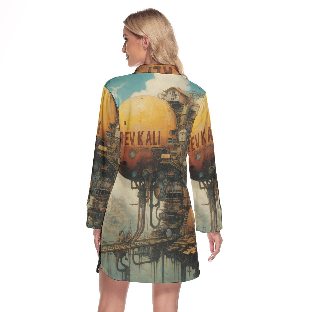 All-Over Print Women's Lapel Shirt Dress With Long Sleeve