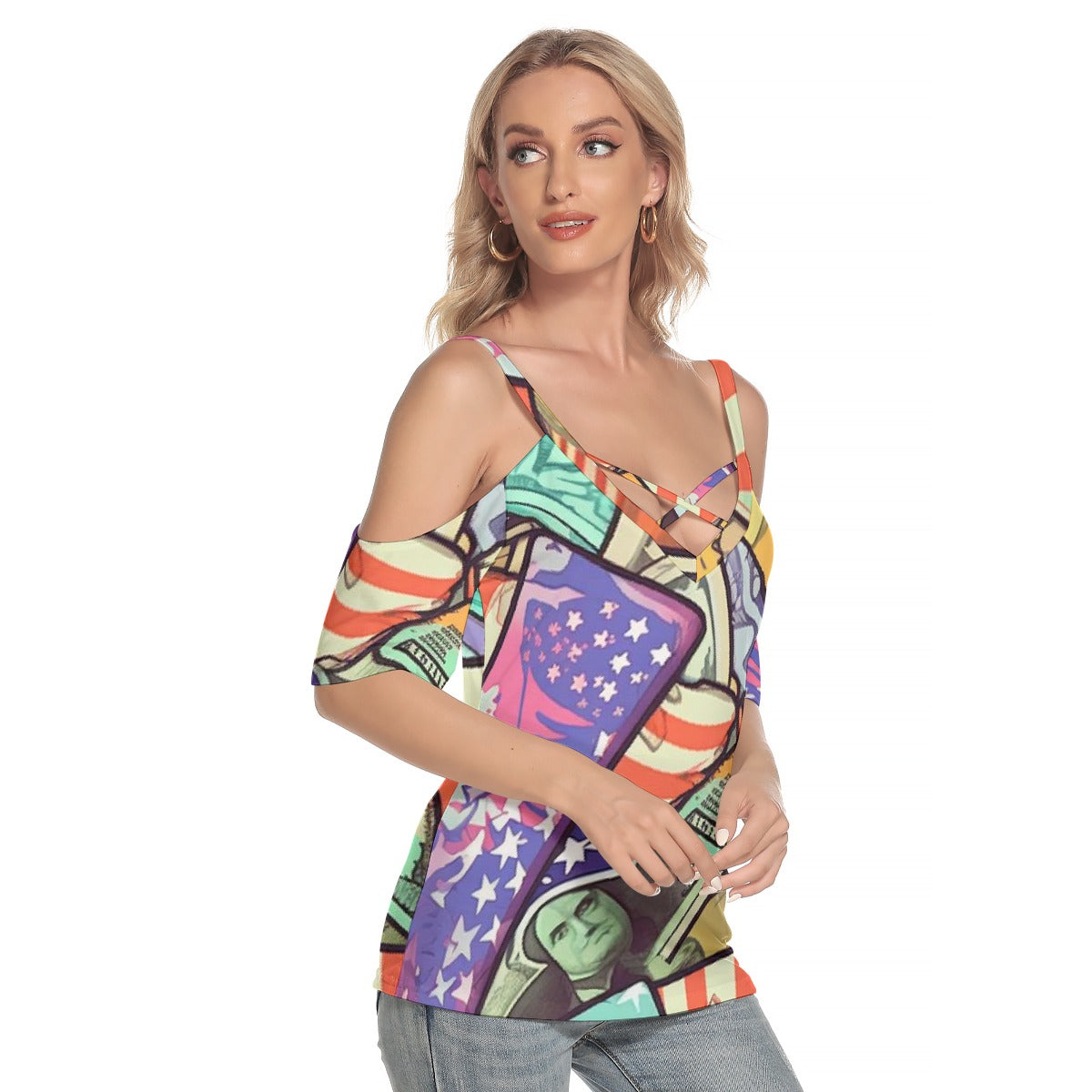 All-Over Print Women's Cold Shoulder T-shirt With Criss Cross Strips