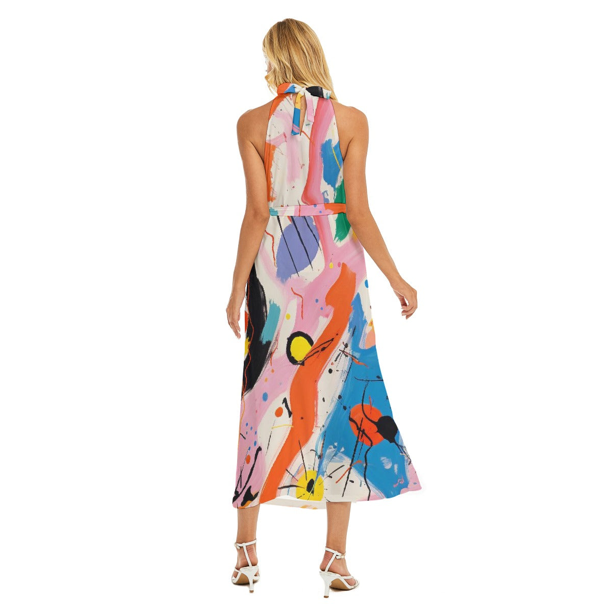 All-Over Print Women's Wrap Hem Belted Halter Dress