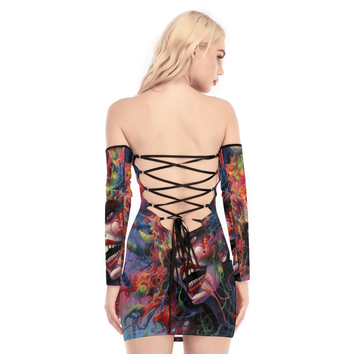 All-Over Print Women's Off-shoulder Back Lace-up Dress