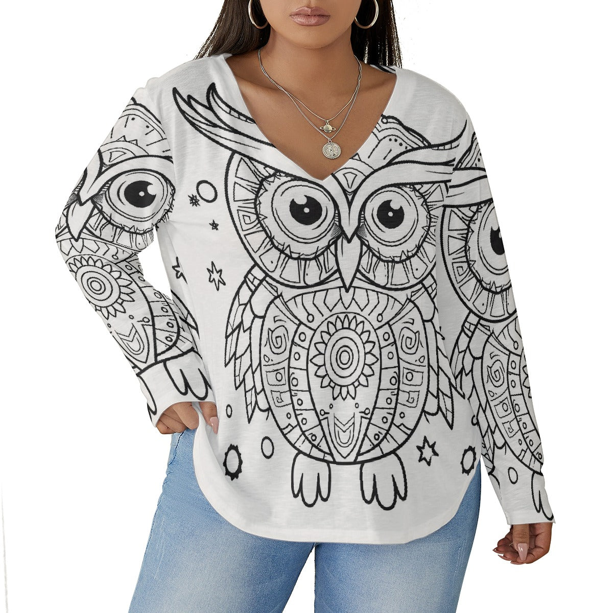 All-Over Print Women's V-neck T-shirt With Curved Hem(Plus Size)