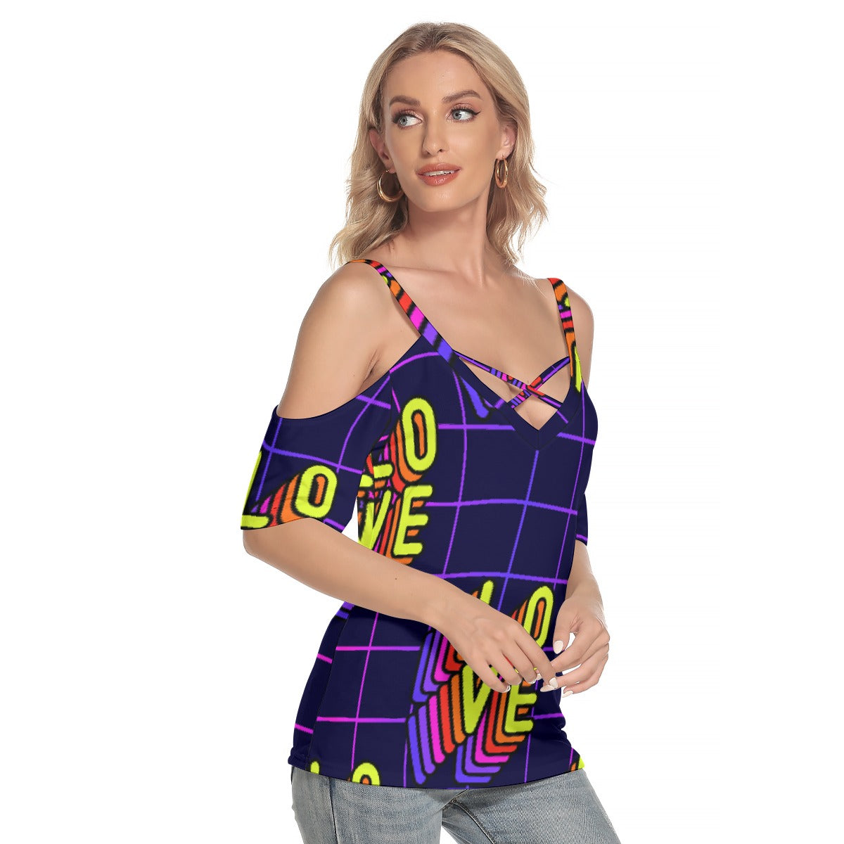 All-Over Print Women's Cold Shoulder T-shirt With Criss Cross Strips