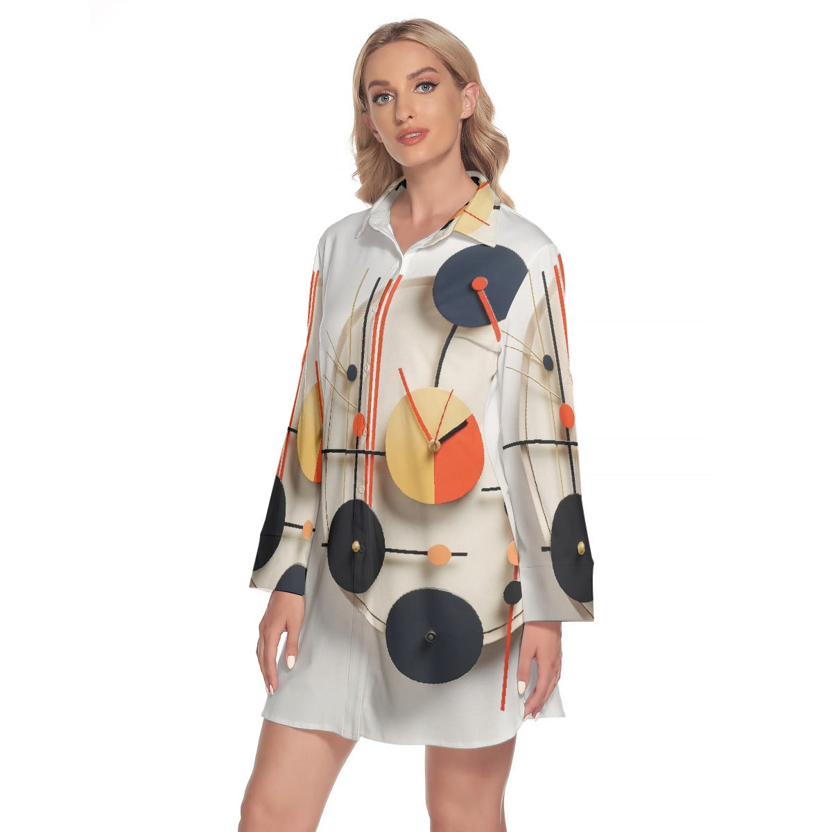 All-Over Print Women's Lapel Shirt Dress With Long Sleeve