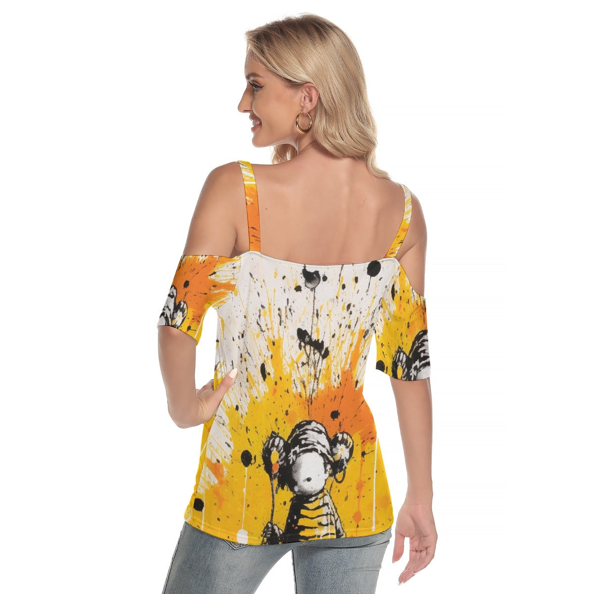 All-Over Print Women's Cold Shoulder T-shirt With Criss Cross Strips