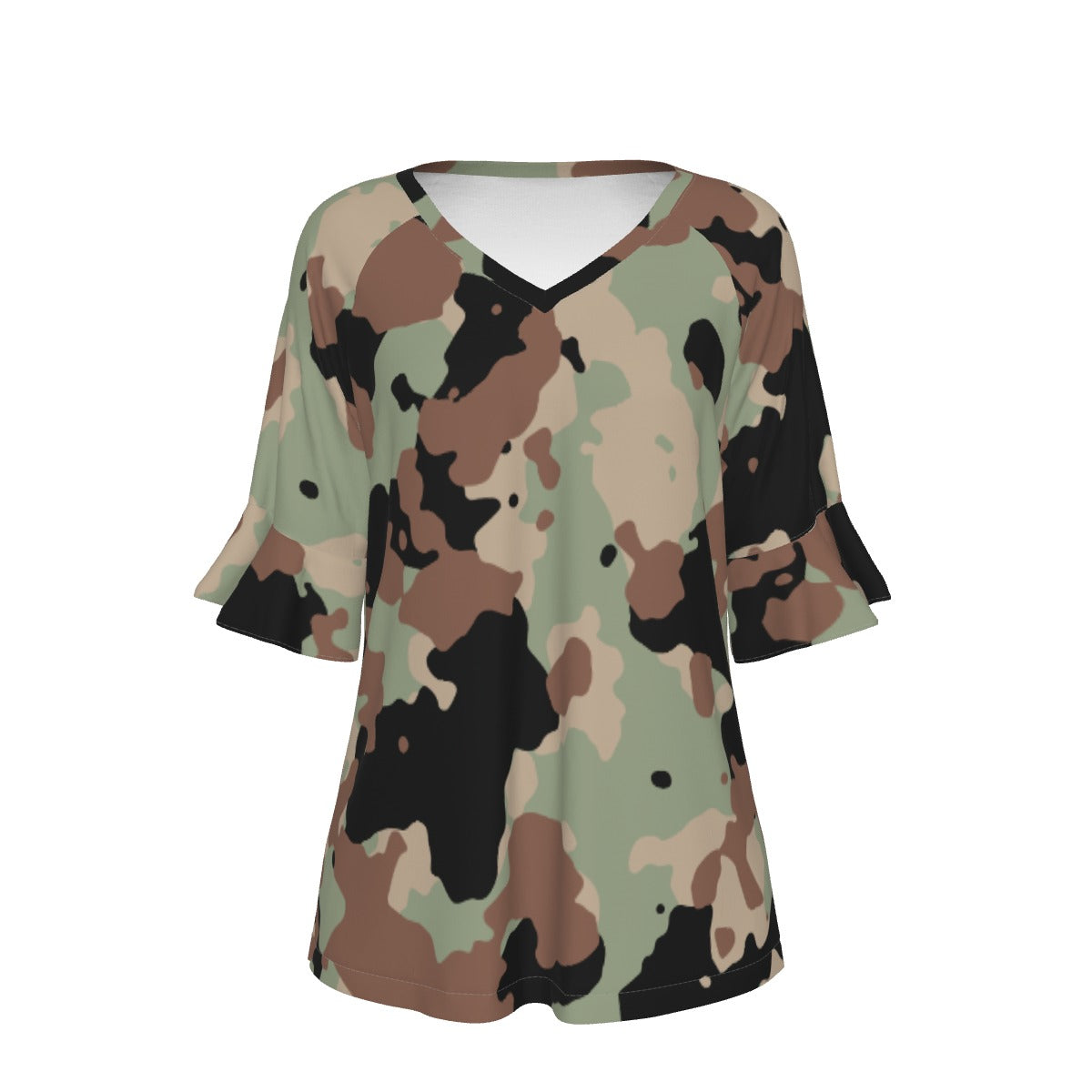 All-Over Print V-neck Women's T-shirt With Bell Sleeve