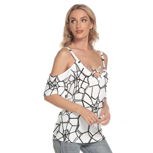 All-Over Print Women's Cold Shoulder T-shirt With Criss Cross Strips