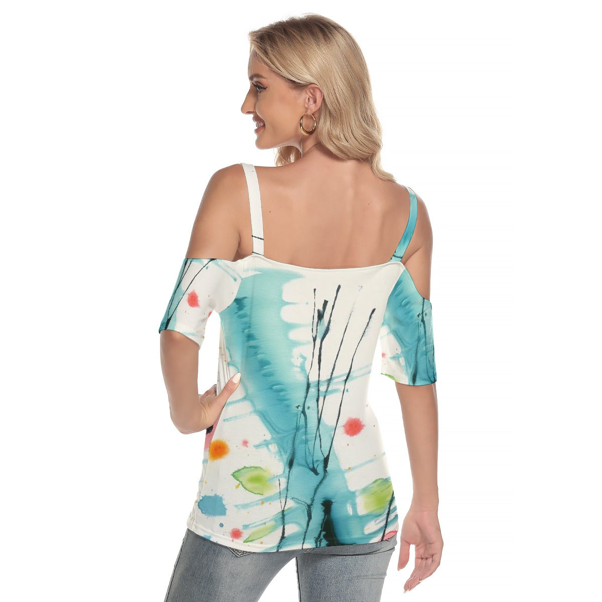 All-Over Print Women's Cold Shoulder T-shirt With Criss Cross Strips