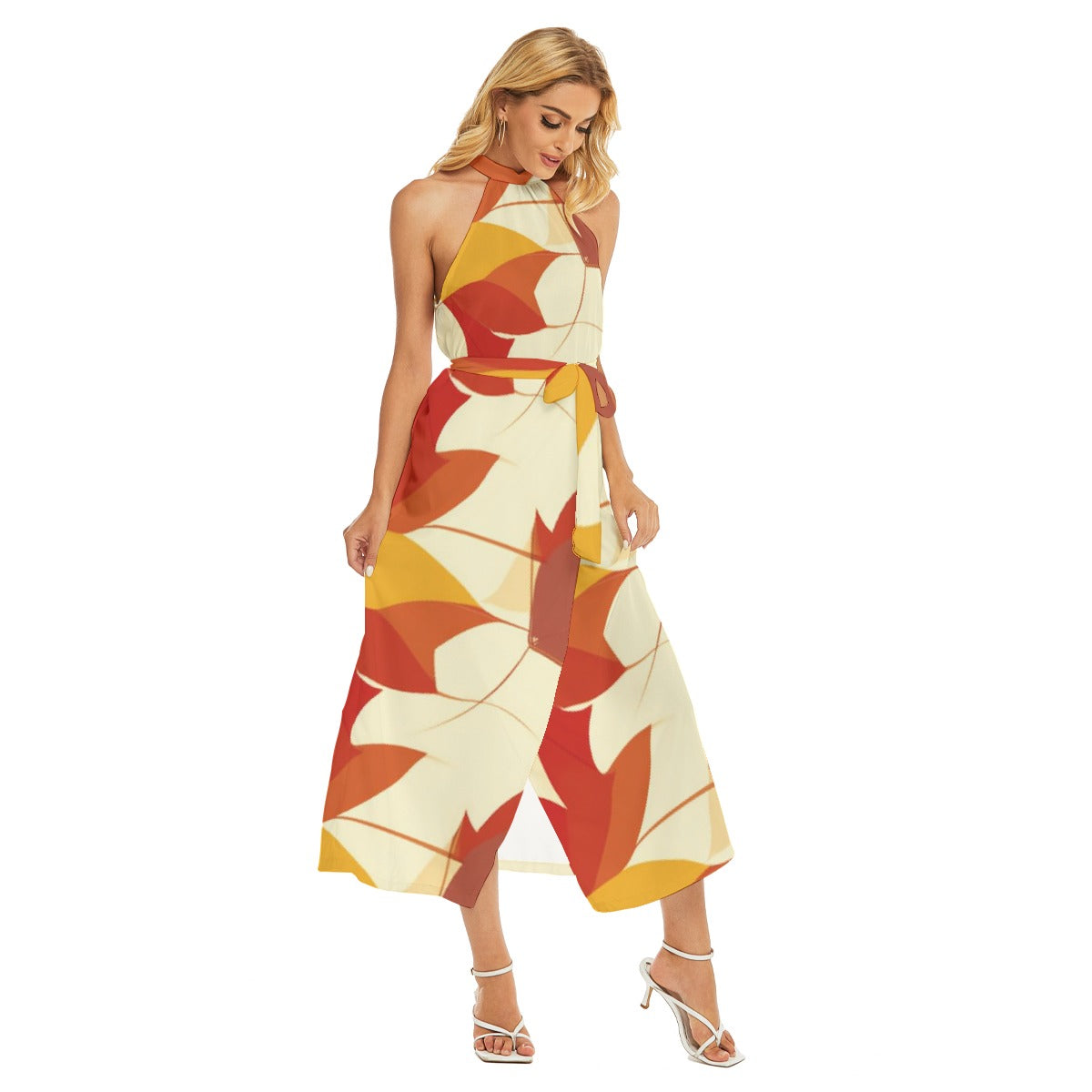 All-Over Print Women's Wrap Hem Belted Halter Dress