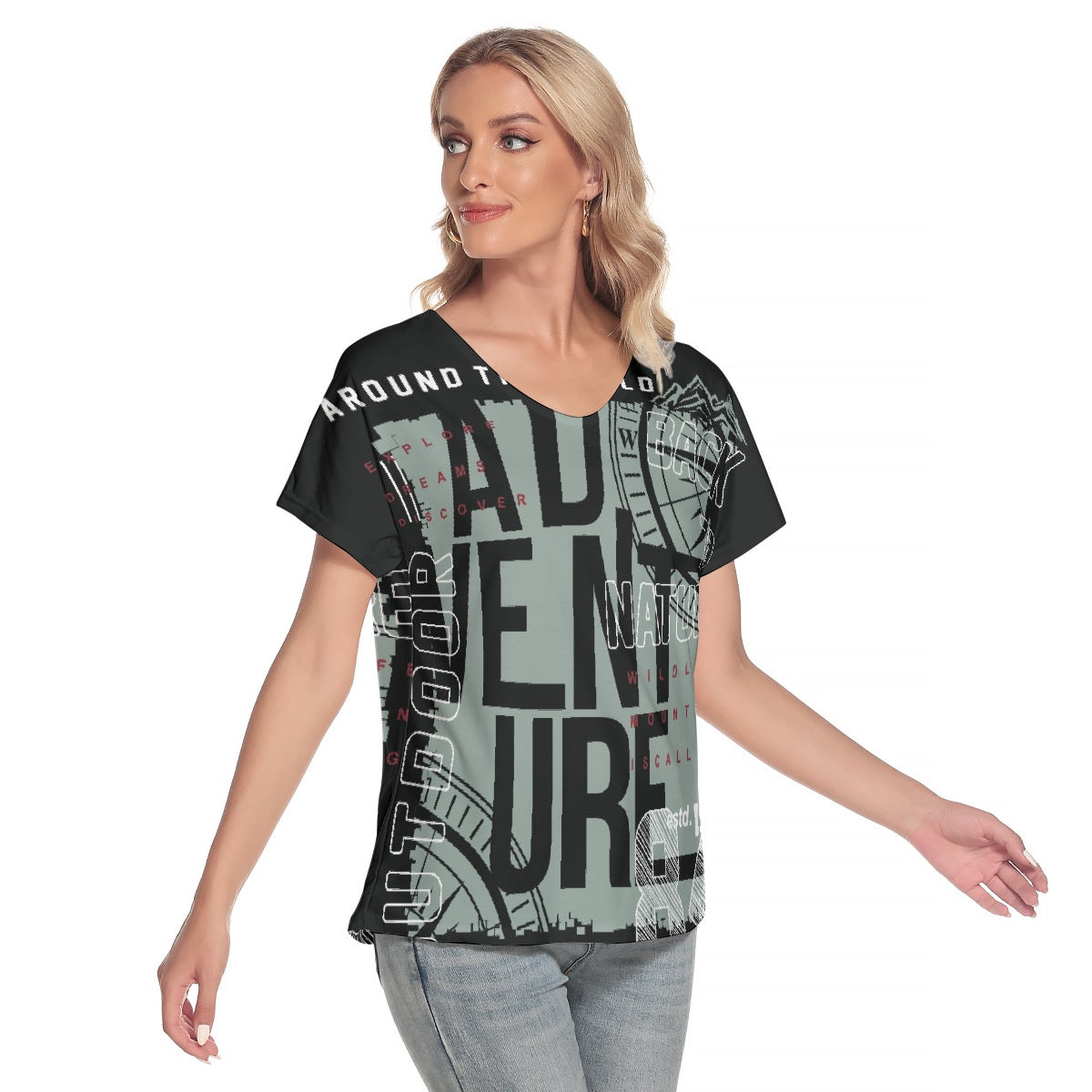 All-Over Print Women's Loose V-neck Short Sleeve T-shirt