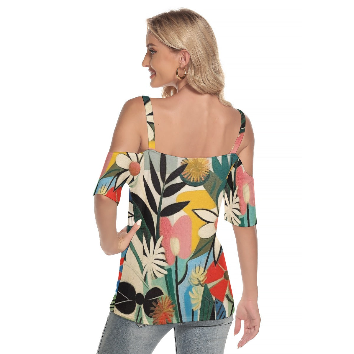 All-Over Print Women's Cold Shoulder T-shirt With Criss Cross Strips