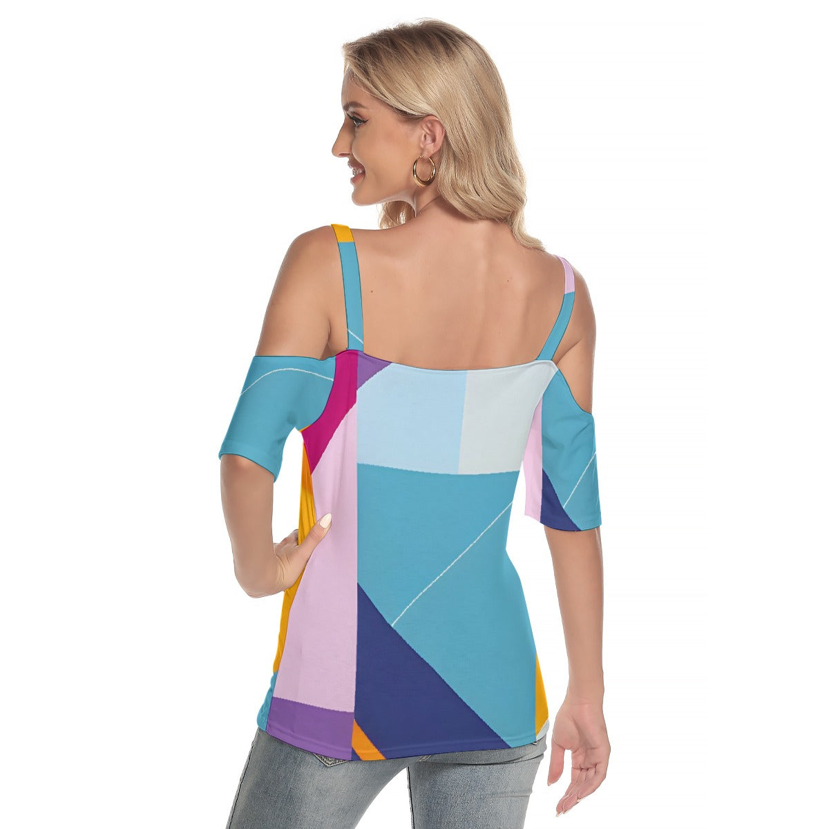 All-Over Print Women's Cold Shoulder T-shirt With Criss Cross Strips