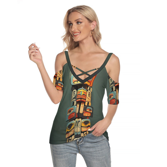 All-Over Print Women's Cold Shoulder T-shirt With Criss Cross Strips