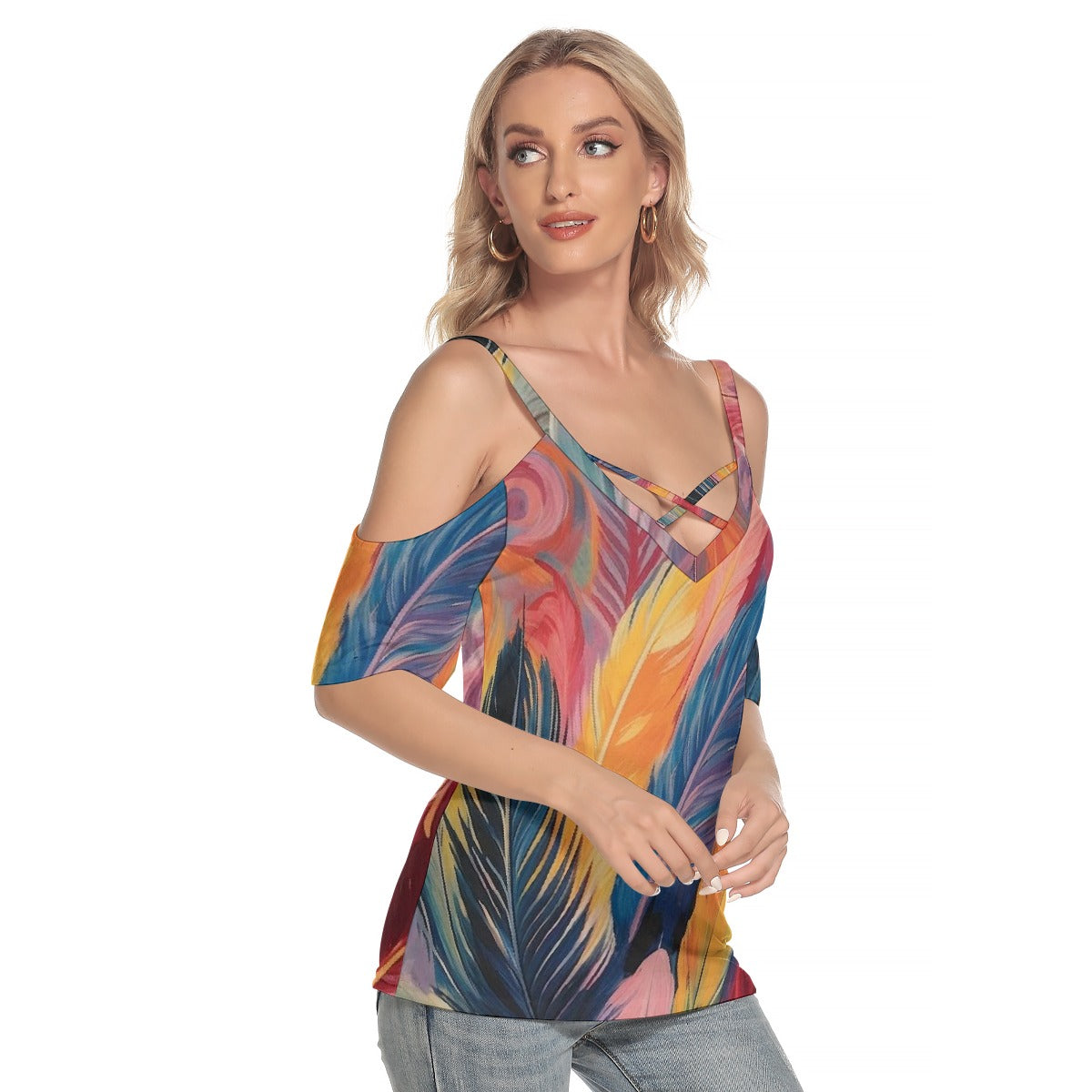 All-Over Print Women's Cold Shoulder T-shirt With Criss Cross Strips