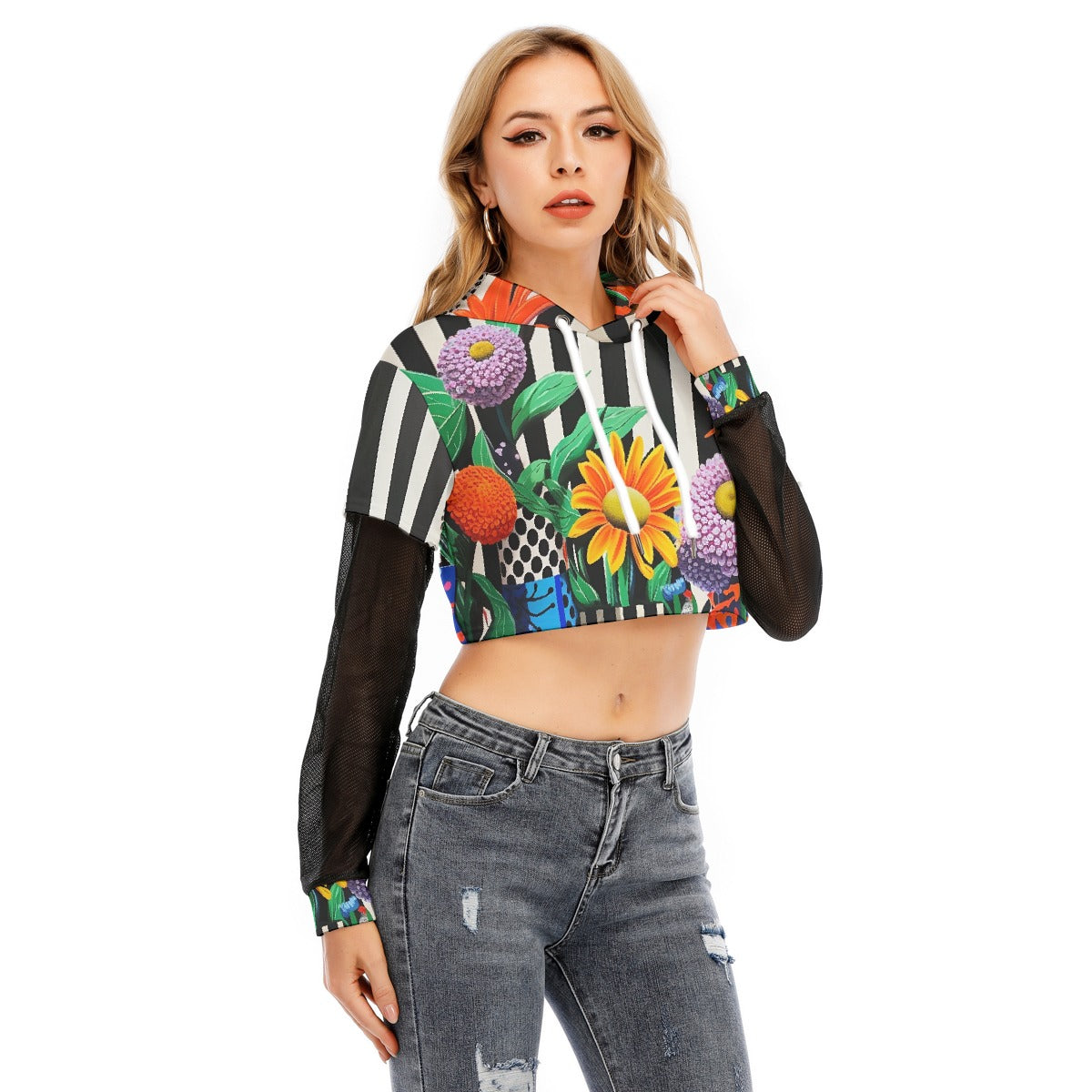 All-Over Print Women's Fake Two-piece Mesh Sleeve Cropped Hoodie