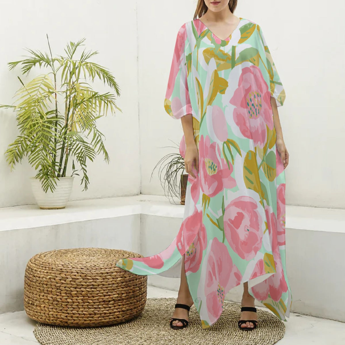 All-Over Print Women's Imitation Silk V-neck Kaftan Robe