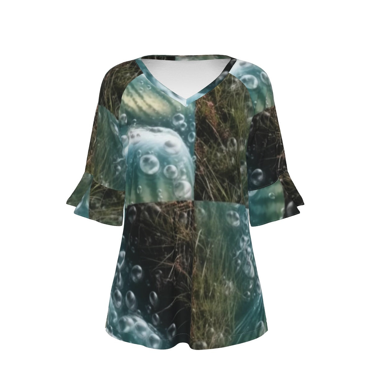 All-Over Print V-neck Women's T-shirt With Bell Sleeve