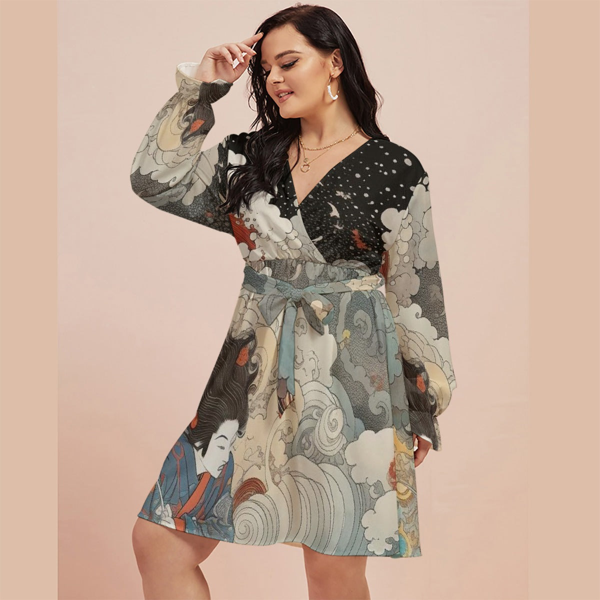 All-Over Print Women's V-neck Dress With Waistband(Plus Size)