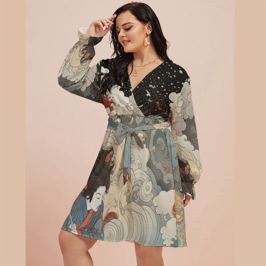 All-Over Print Women's V-neck Dress With Waistband(Plus Size)