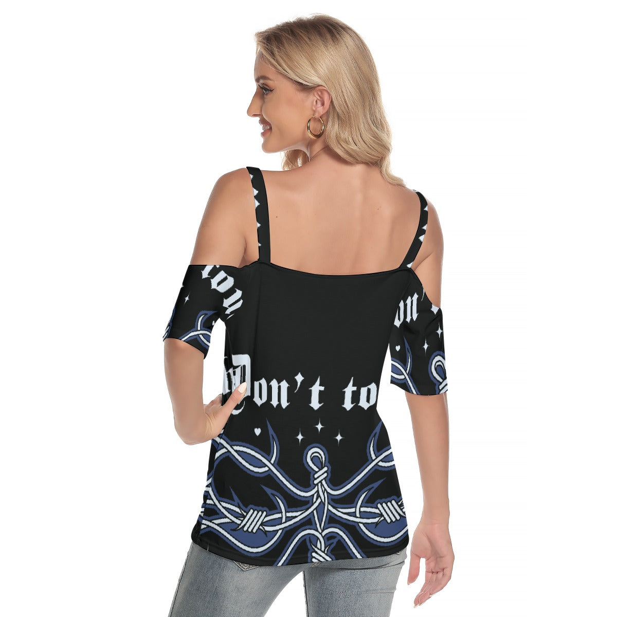 All-Over Print Women's Cold Shoulder T-shirt With Criss Cross Strips