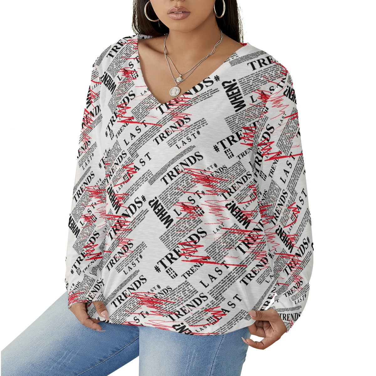 All-Over Print Women's V-neck T-shirt With Curved Hem(Plus Size)