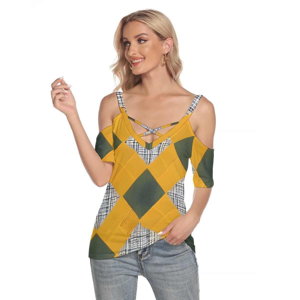 All-Over Print Women's Cold Shoulder T-shirt With Criss Cross Strips