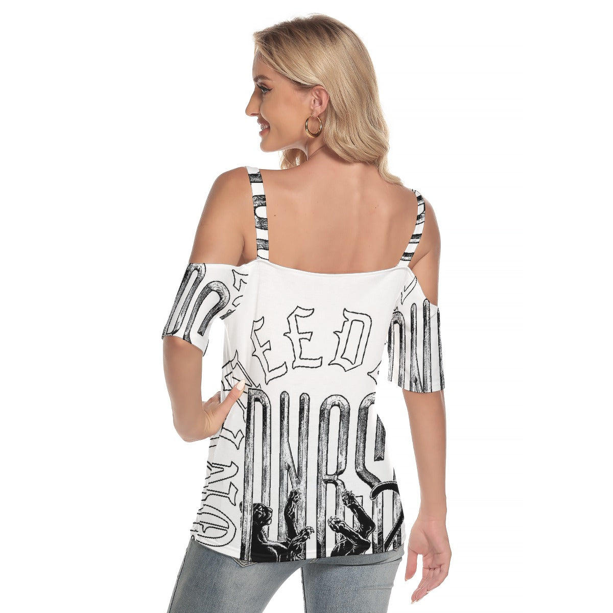 All-Over Print Women's Cold Shoulder T-shirt With Criss Cross Strips