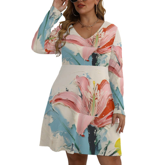 All-Over Print Women's V-neck Long Sleeve Dress(Plus Size)