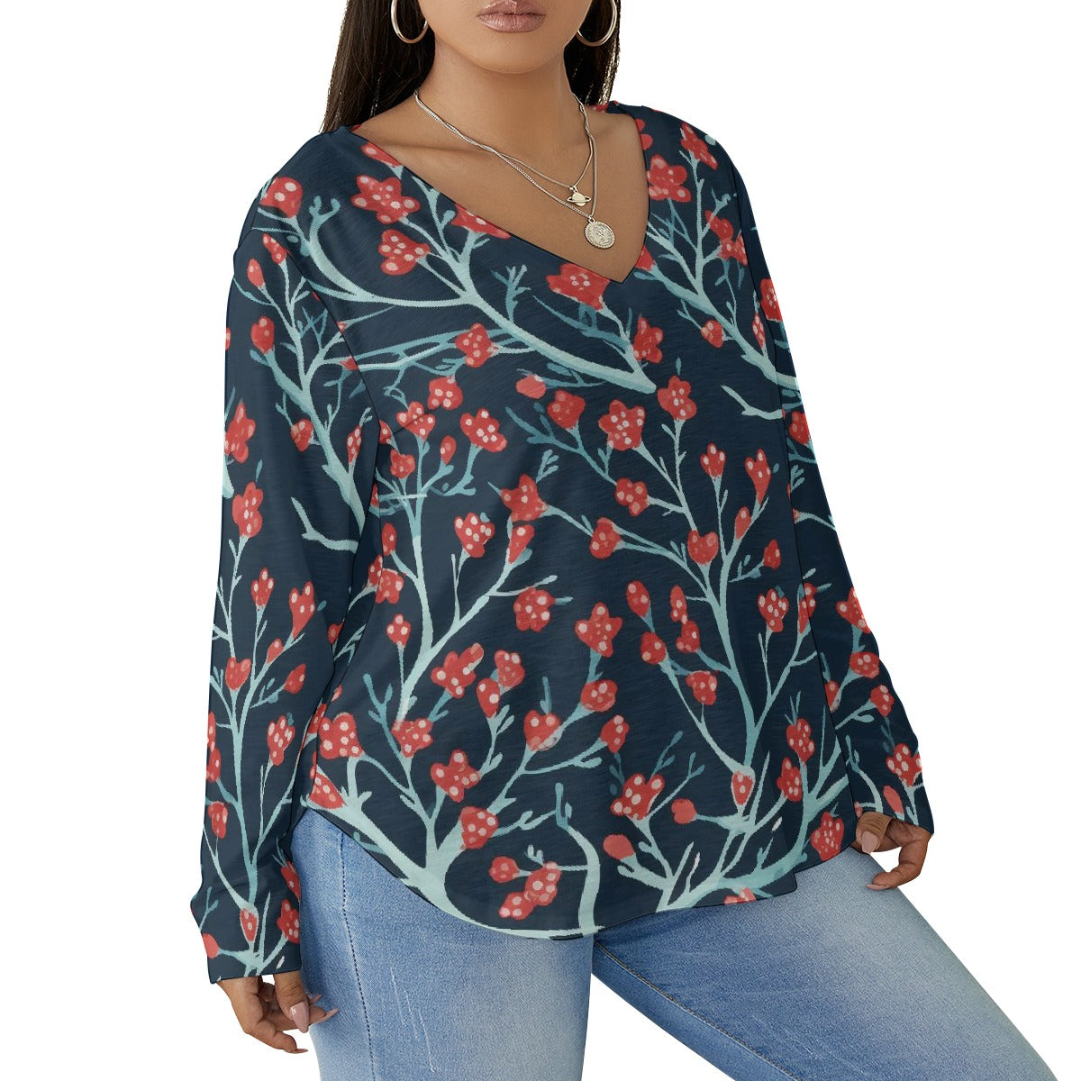 All-Over Print Women's V-neck T-shirt With Curved Hem(Plus Size)