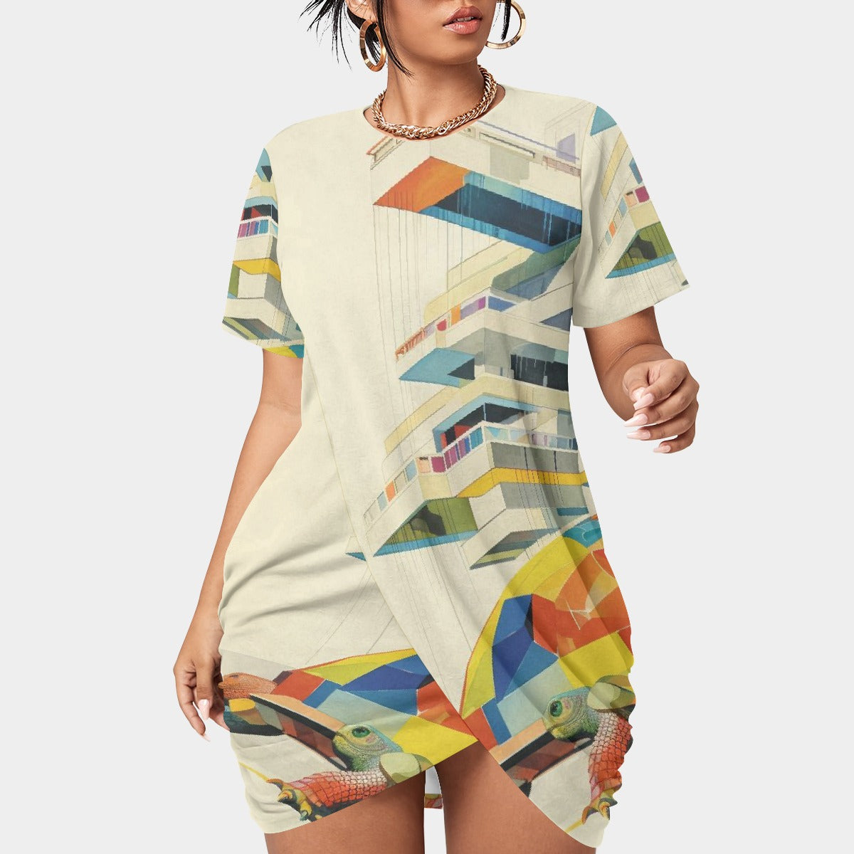 All-Over Print Women’s Stacked Hem Dress With Short Sleeve（Plus Size）