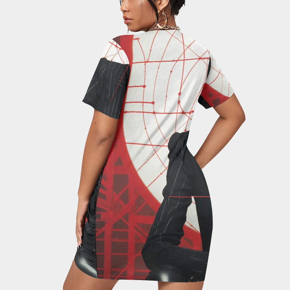 All-Over Print Women’s Stacked Hem Dress With Short Sleeve（Plus Size）