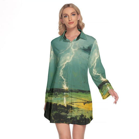 All-Over Print Women's Lapel Shirt Dress With Long Sleeve