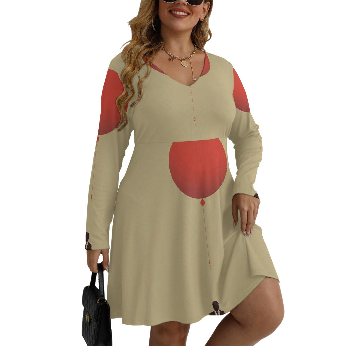 All-Over Print Women's V-neck Long Sleeve Dress(Plus Size)