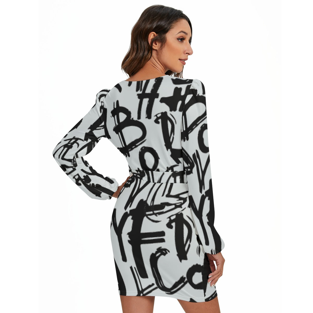 All-Over Print Women's Long Sleeve Dress With Waist Belt