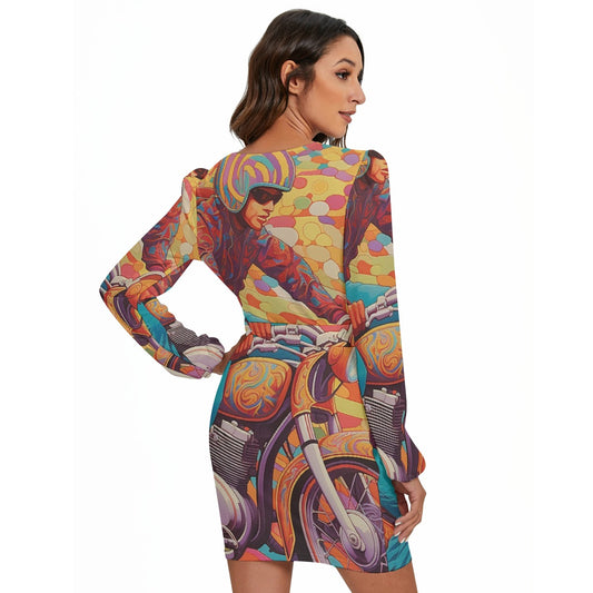 All-Over Print Women's Long Sleeve Dress With Waist Belt