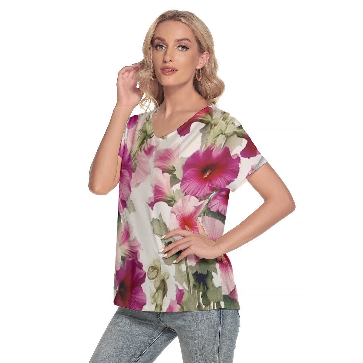 All-Over Print Women's Loose V-neck Short Sleeve T-shirt