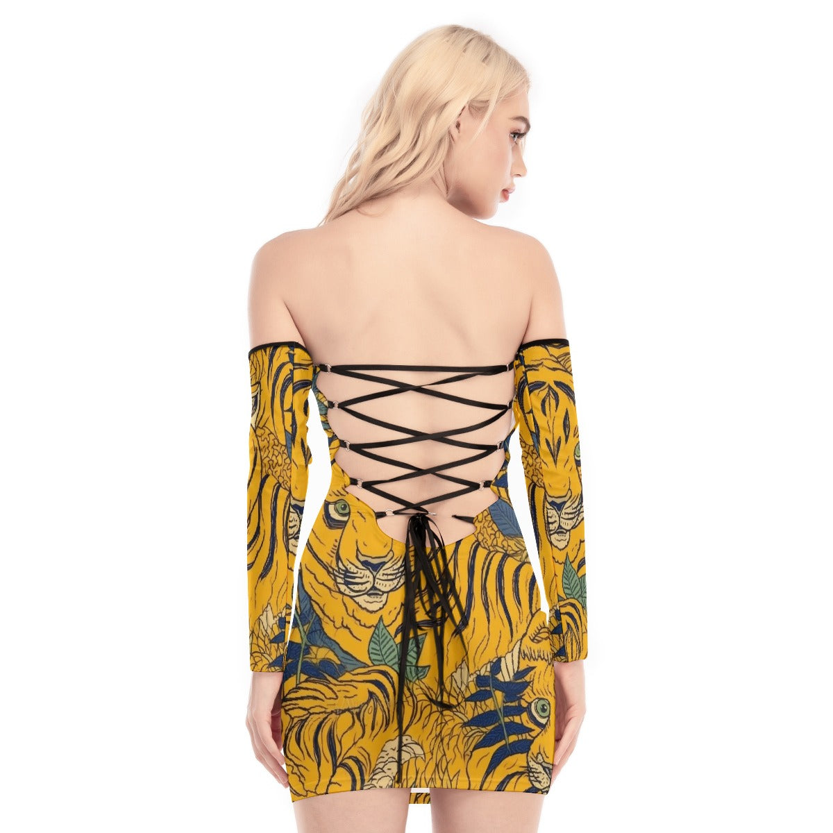 All-Over Print Women's Off-shoulder Back Lace-up Dress