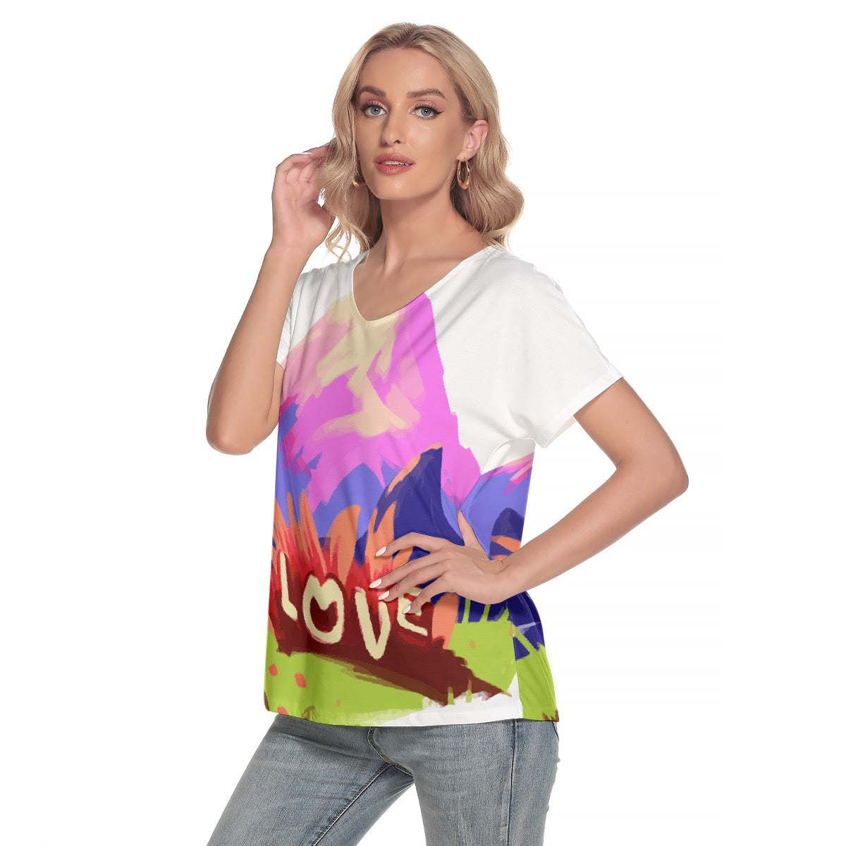 All-Over Print Women's Loose V-neck Short Sleeve T-shirt