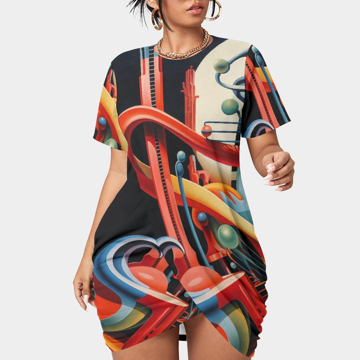 All-Over Print Women’s Stacked Hem Dress With Short Sleeve（Plus Size）