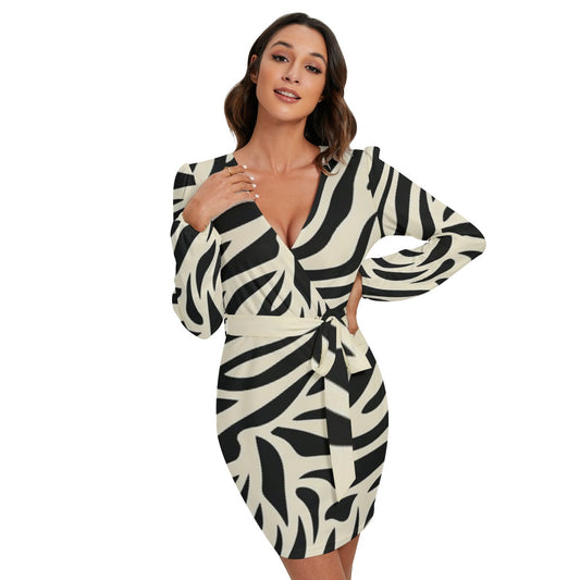 All-Over Print Women's Long Sleeve Dress With Waist Belt