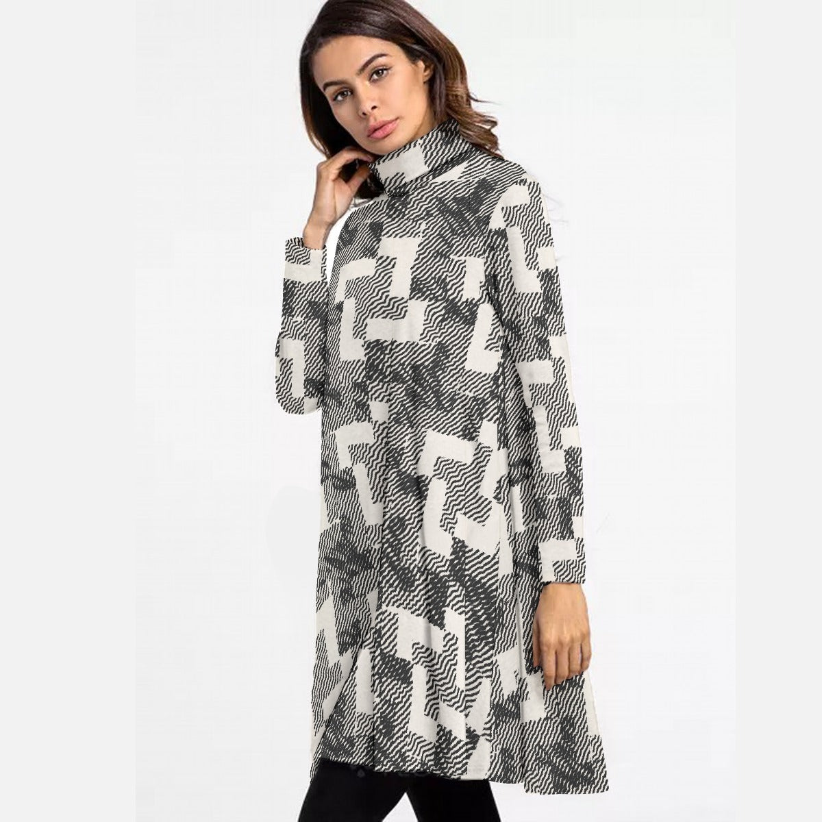 All-Over Print Women's High Neck Dress With Long Sleeve