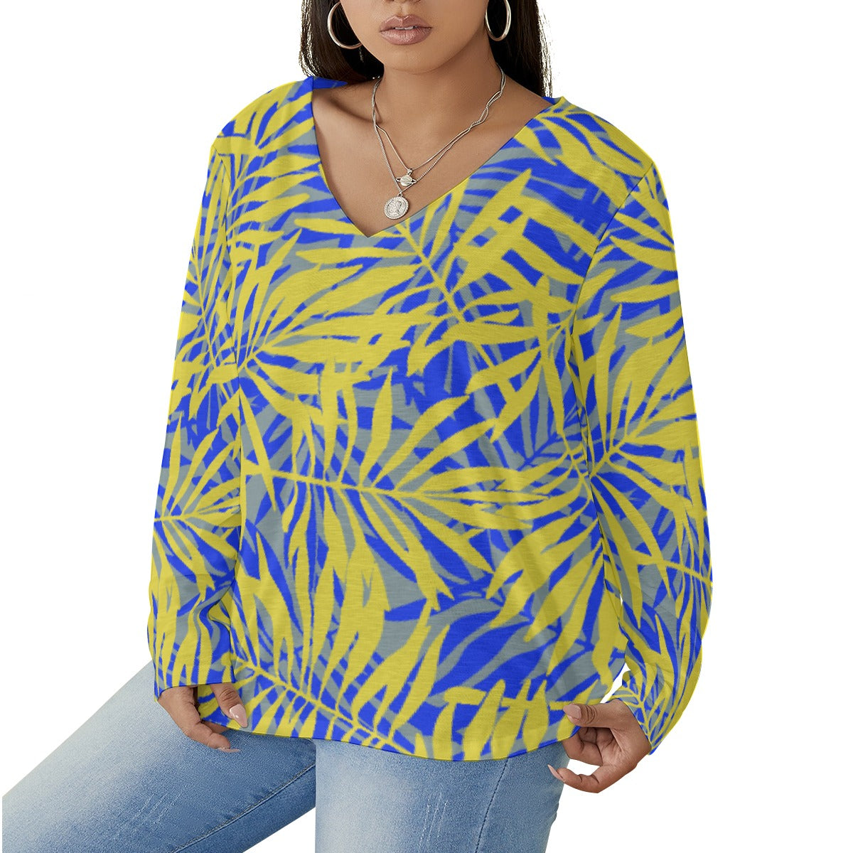 All-Over Print Women's V-neck T-shirt With Curved Hem(Plus Size)