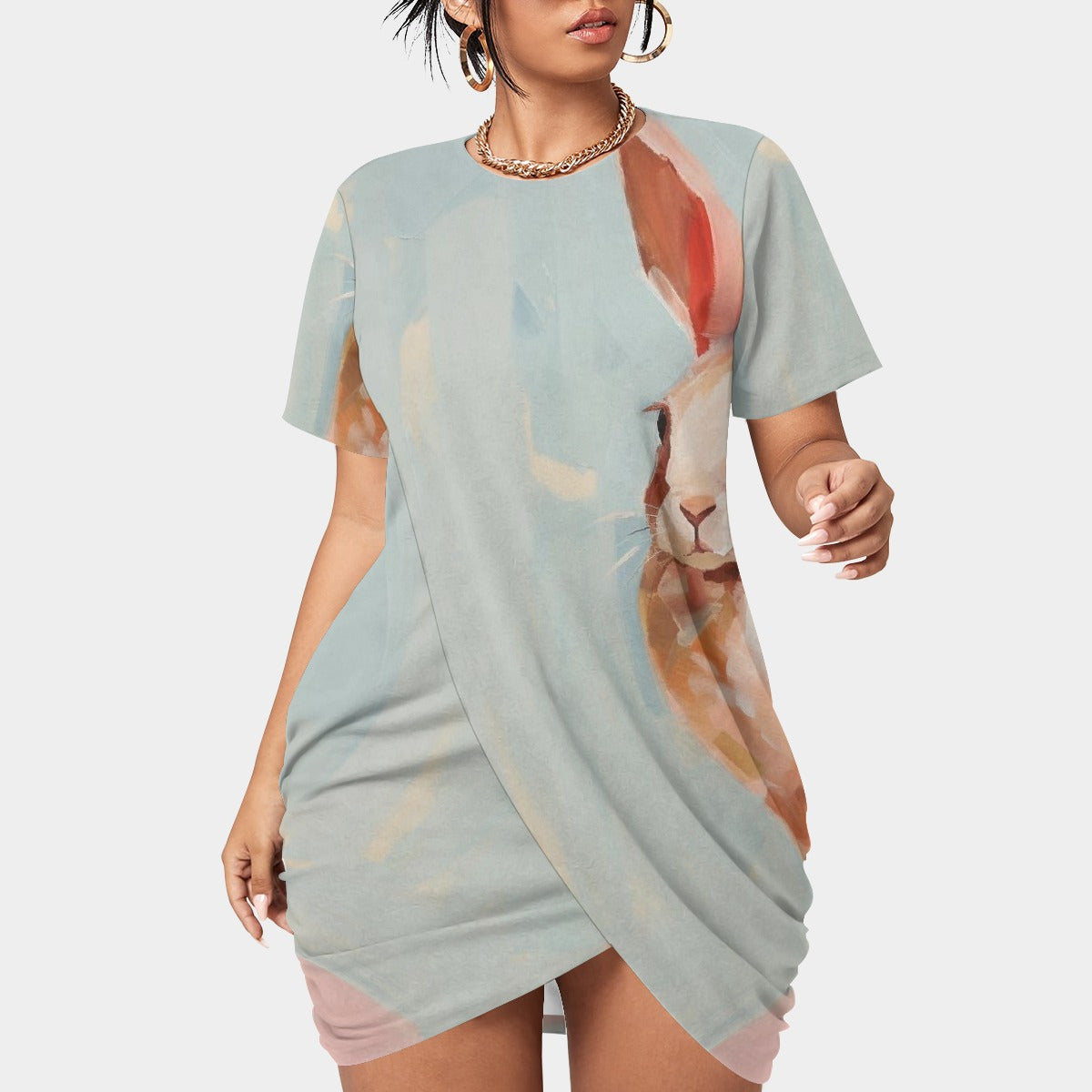 All-Over Print Women’s Stacked Hem Dress With Short Sleeve（Plus Size）