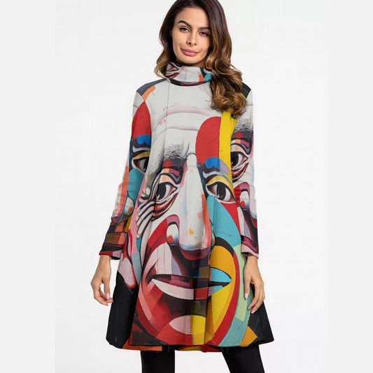 All-Over Print Women's High Neck Dress With Long Sleeve