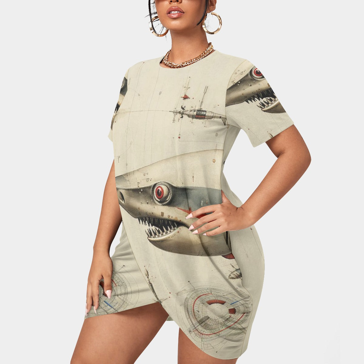 All-Over Print Women’s Stacked Hem Dress With Short Sleeve（Plus Size）