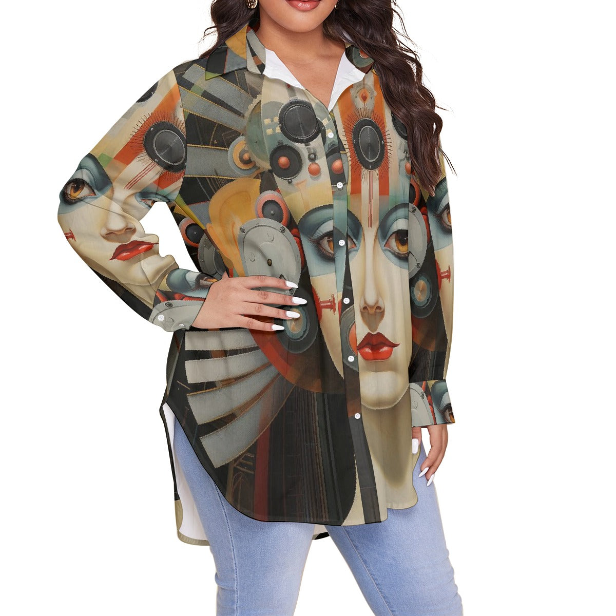 All-Over Print Women's Shirt With Long Sleeve(Plus Size)