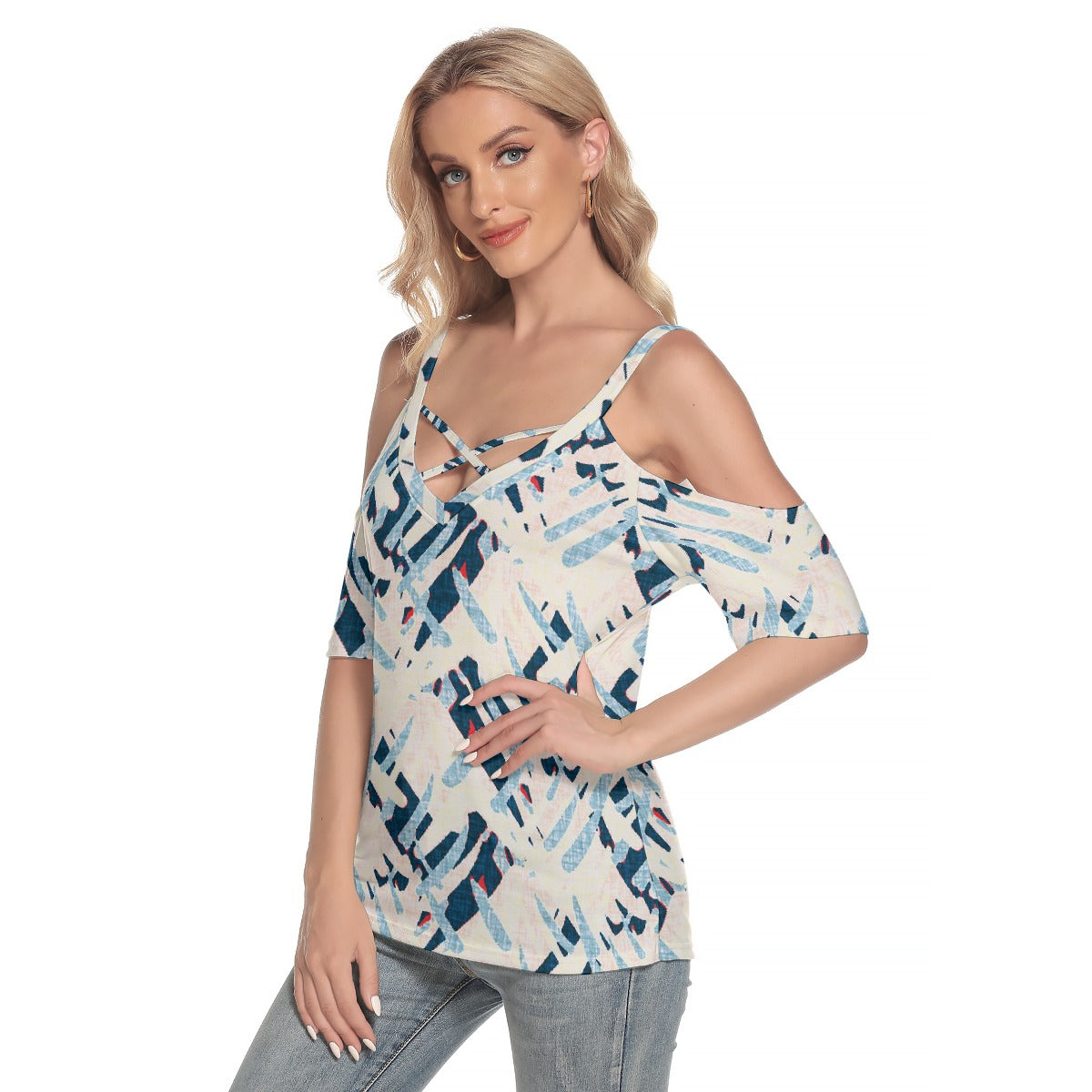 All-Over Print Women's Cold Shoulder T-shirt With Criss Cross Strips