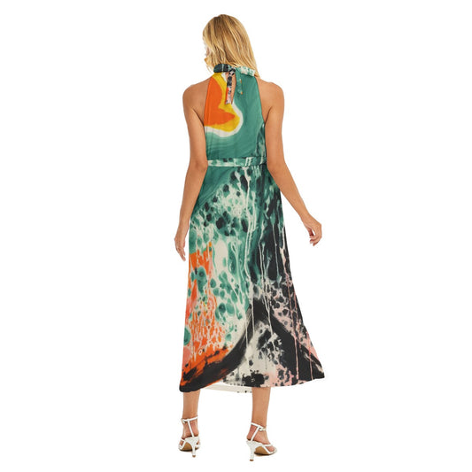 All-Over Print Women's Wrap Hem Belted Halter Dress