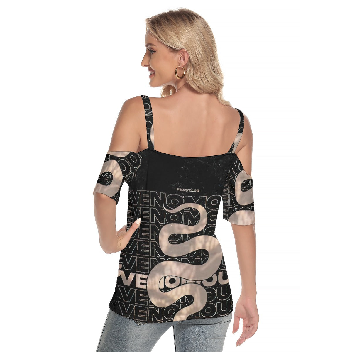 All-Over Print Women's Cold Shoulder T-shirt With Criss Cross Strips