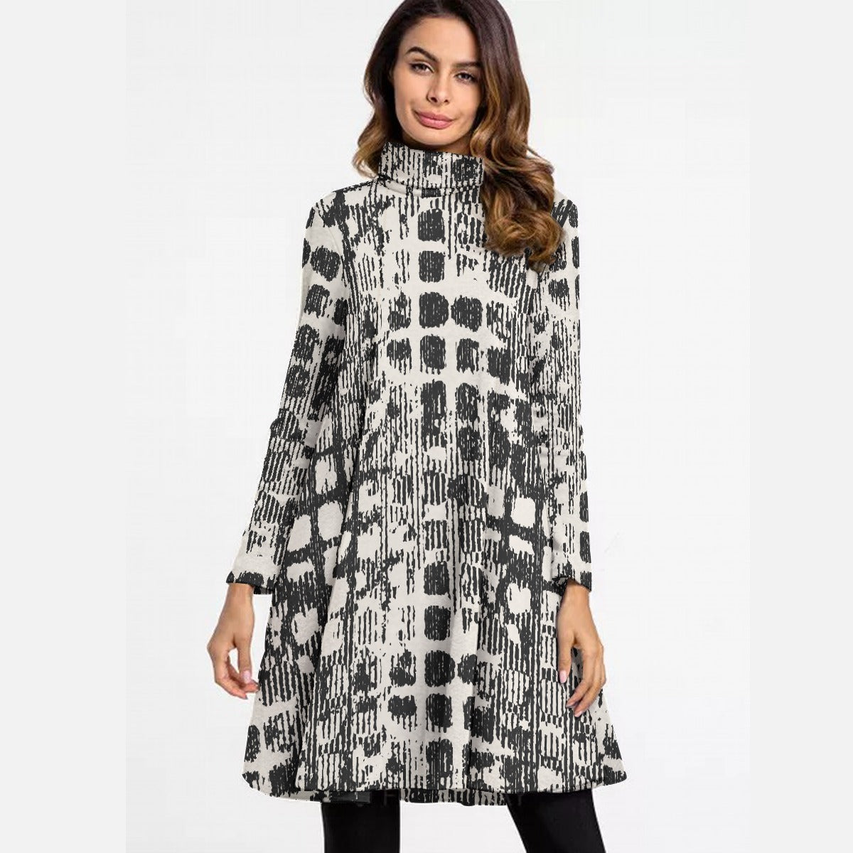 All-Over Print Women's High Neck Dress With Long Sleeve